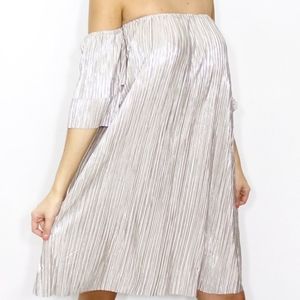 She and Sky Metallic Pleated Off-Shoulder Mini Dress - Silver